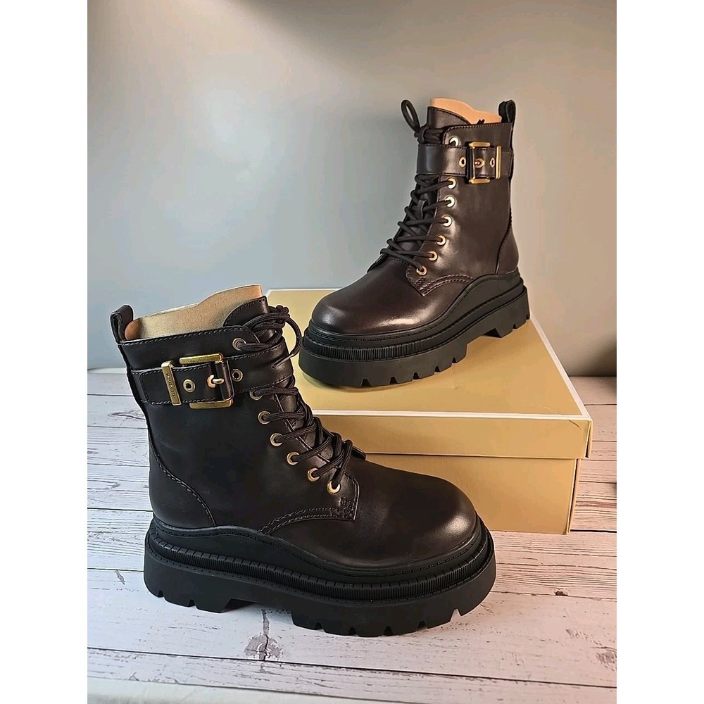 Michael Kors Colby Bootie Leather Chocolate Combat Boot Womans Sz 9